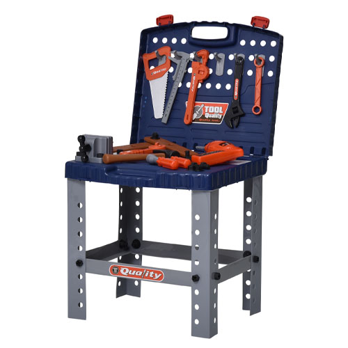 A kids' tool bench playset with 28 pieces, featuring a blue and gray bench with toy tools like a saw, hammer, wrench, and screwdriver, all organized on a perforated panel.