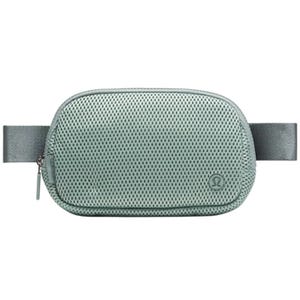 A compact, textured crossbody bag with a front zipper and adjustable strap, featuring a subtle logo on the corner.