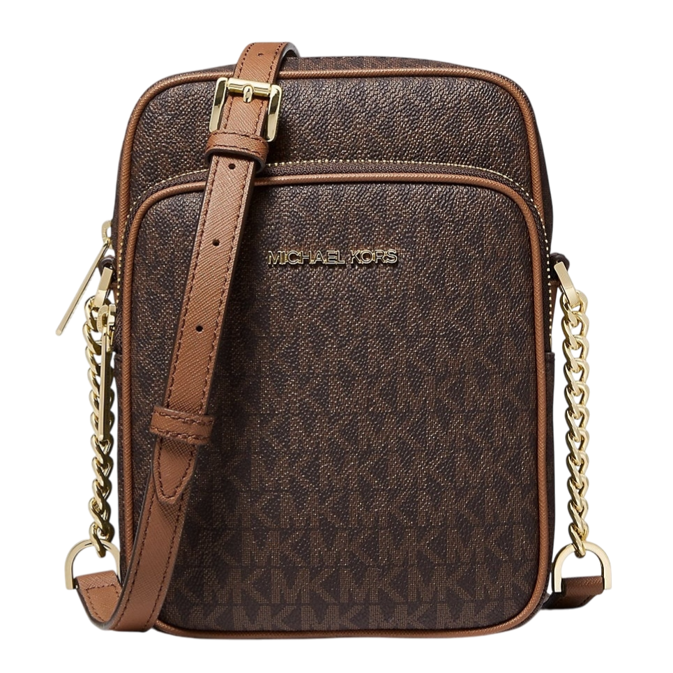 A brown Michael Kors crossbody bag with a monogram pattern, featuring a leather and chain strap, gold-tone hardware, and zip closure.