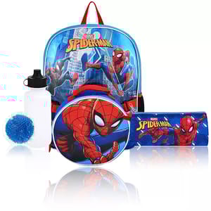 A Spider-Man themed backpack, lunchbox, and water bottle set with a blue and red color scheme.
