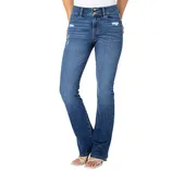 Blue distressed jeans with a slim fit and slight flare at the ankle, featuring a high waistline and double button closure, paired with white strappy sandals.