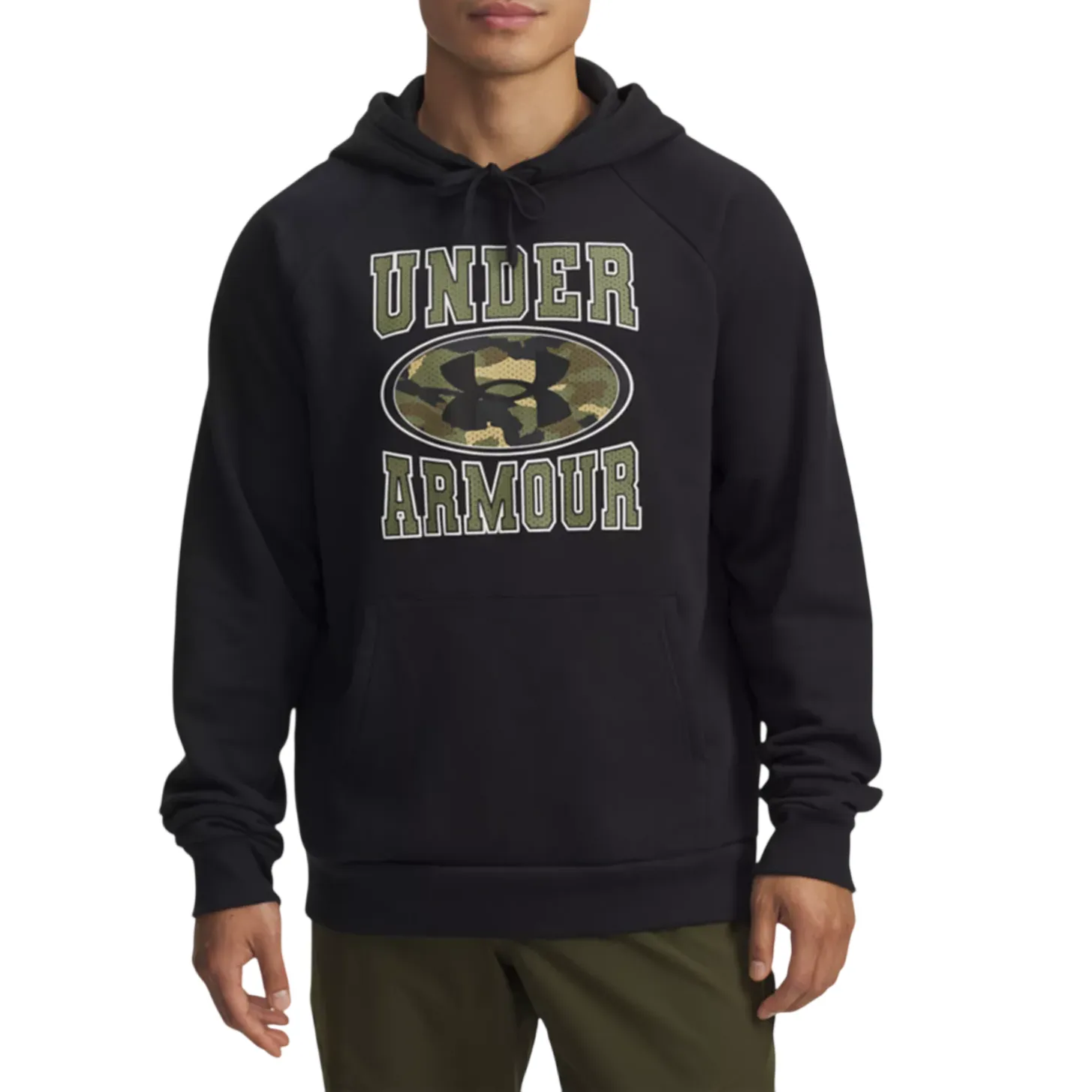 A person is wearing a black Under Armour hoodie featuring a camouflage logo and the words \“Under Armour\“ printed on the front.