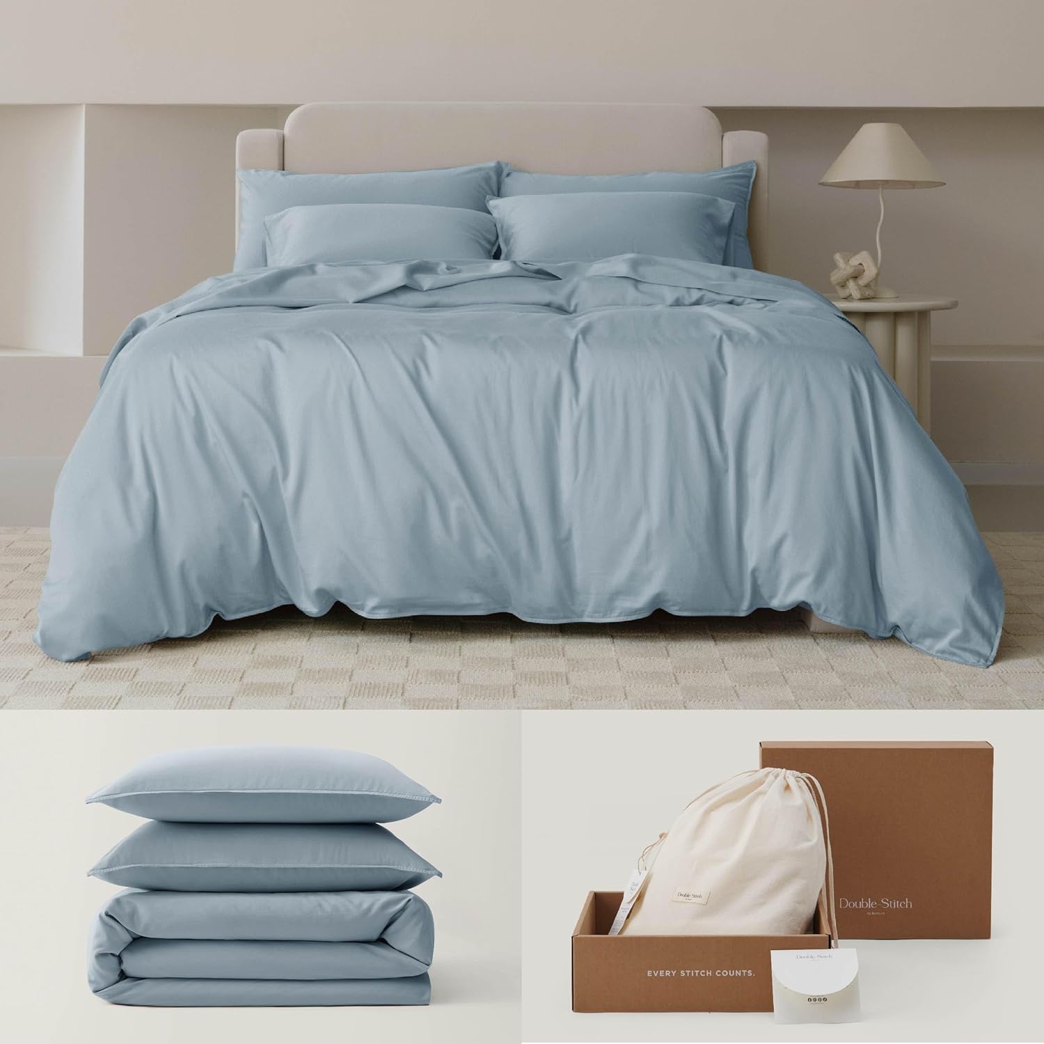 Light blue Queen-sized cooling duvet cover set with two pillowcases, featuring a soft, smooth texture. Includes packaging box and a drawstring storage bag.