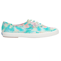 Colorful low-top sneaker with a pastel tie-dye pattern and a white rubber sole, featuring white laces and a mesh texture.