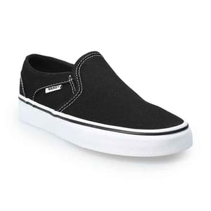 Black Vans Women's Filmore slip-on shoes with white stitching and soles, featuring a low-top design and a casual, sporty look.