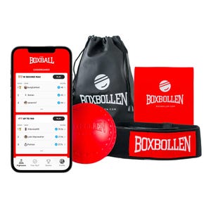 The Boxbollen Set includes a red ball attached to a black headband, a storage pouch, and a card, along with a mobile app displaying leaderboard scores in the background.