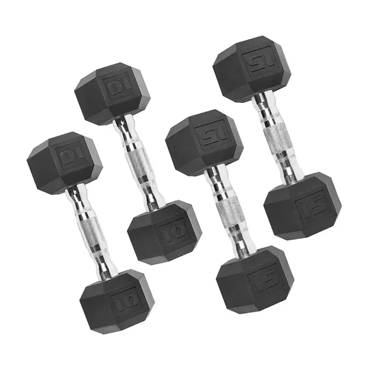 Four hex dumbbells with rubber-coated weights and textured metal grips, two marked as 10 lbs and two marked as 15 lbs.