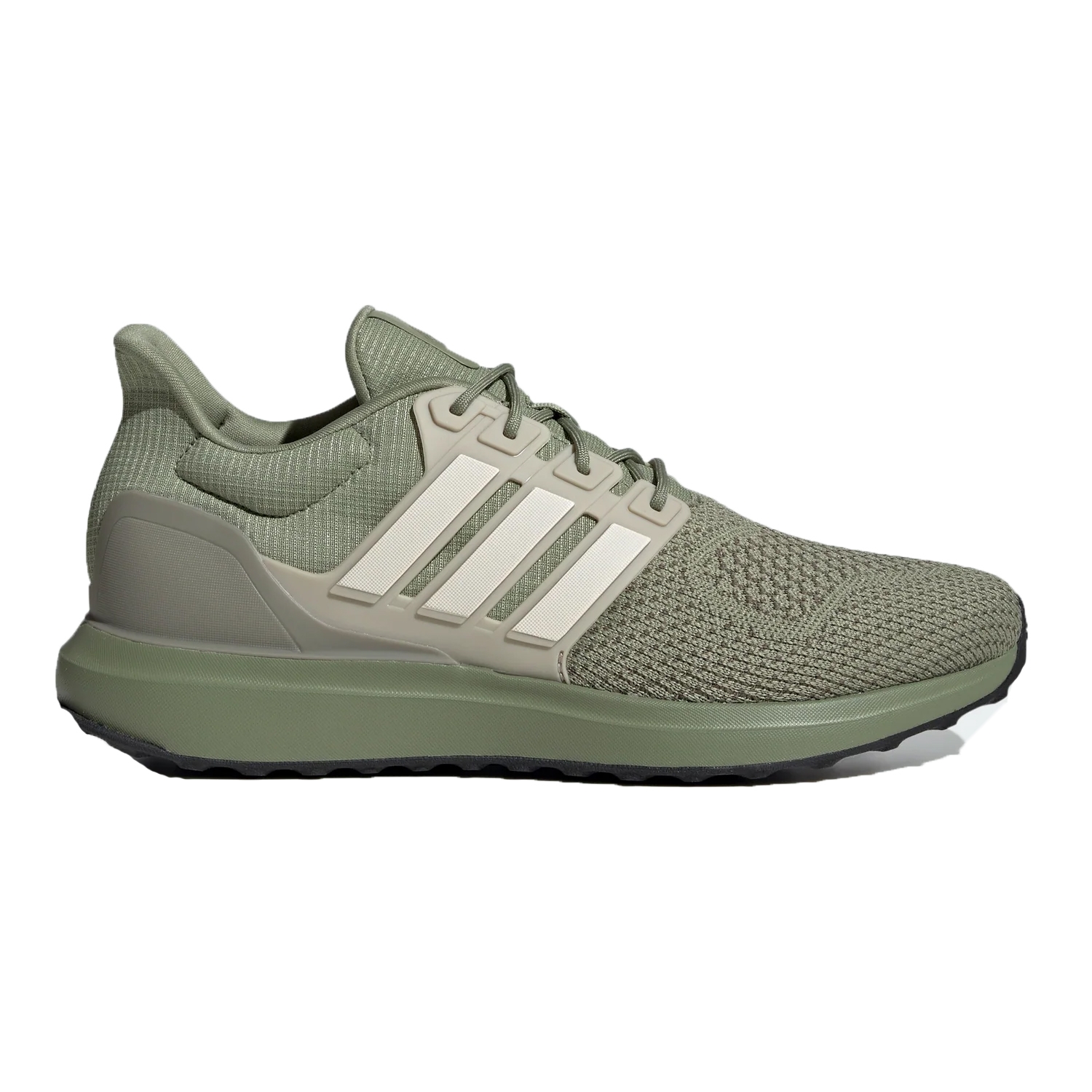 Olive green Adidas UBounce shoes with a knitted upper, white side stripes, and a textured sole for grip.