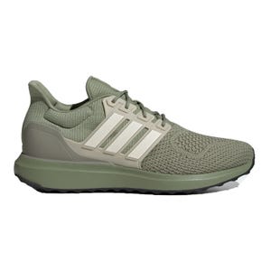Olive green Adidas UBounce shoes with a knitted upper, white side stripes, and a textured sole for grip.