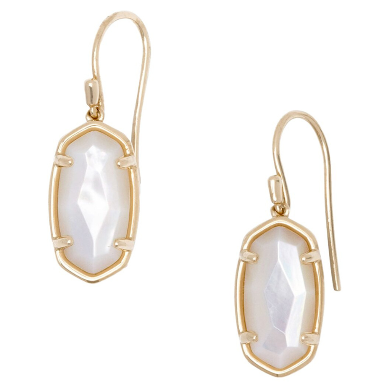 Gold-framed drop earrings featuring faceted, hexagonal mother of pearl stones, designed for an elegant and classic look.
