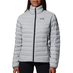 Mountain Hardwear Deloro Jacket is a light gray, insulated jacket with a full zip front and logo on the upper left chest. It features a quilted design for warmth and side pockets for convenience.