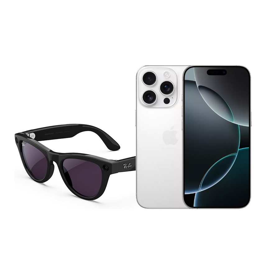 Smart sunglasses with a classic design and a modern smartphone featuring a triple-camera setup and a sleek front display.
