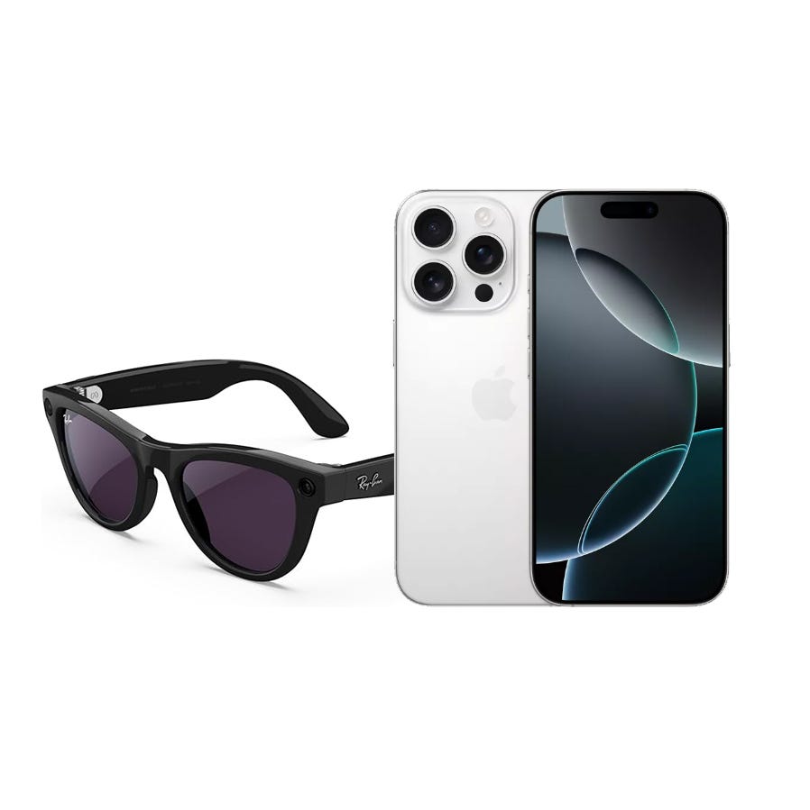 Smart sunglasses with a classic design and a modern smartphone featuring a triple-camera setup and a sleek front display.