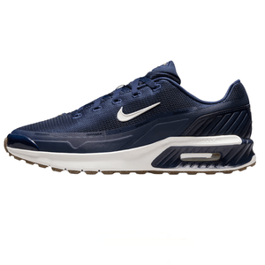 Navy blue Nike Air Max running shoe featuring a mesh upper, white Swoosh logo, and visible Air Max cushioning in the heel.