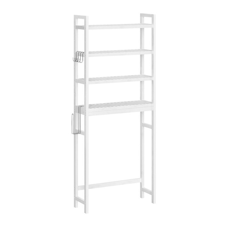 White 4-tier bathroom shelf with slatted shelves, designed to fit over a toilet. It features side hooks for additional storage, and its open, minimalist structure is ideal for organizing bathroom essentials.
