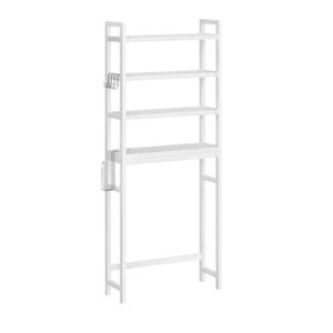 White 4-tier bathroom shelf with slatted shelves, designed to fit over a toilet. It features side hooks for additional storage, and its open, minimalist structure is ideal for organizing bathroom essentials.