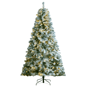 Artificial Christmas tree with snow-dusted branches, pre-lit with warm white lights, and supported by a metal stand.