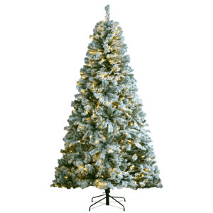 Artificial Christmas tree with snow-dusted branches, pre-lit with warm white lights, and supported by a metal stand.