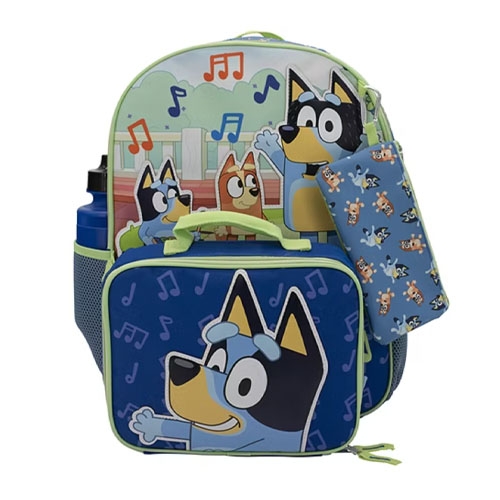 A backpack set featuring animated dog characters with a matching lunchbox and pencil case. The design includes musical notes and a blue and green color scheme.