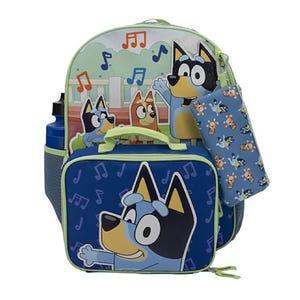 A backpack set featuring animated dog characters with a matching lunchbox and pencil case. The design includes musical notes and a blue and green color scheme.
