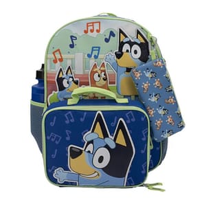 A backpack set featuring animated dog characters with a matching lunchbox and pencil case. The design includes musical notes and a blue and green color scheme.