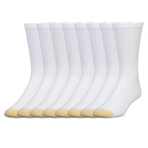 8-pack of Gold Toe crew socks in white, featuring reinforced golden toe tips and ribbed cuffs for added durability.