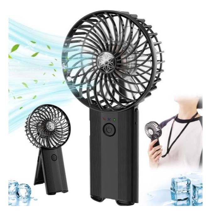 A portable handheld fan that can also stand upright, shown with airflow and ice imagery to suggest cooling capabilities.