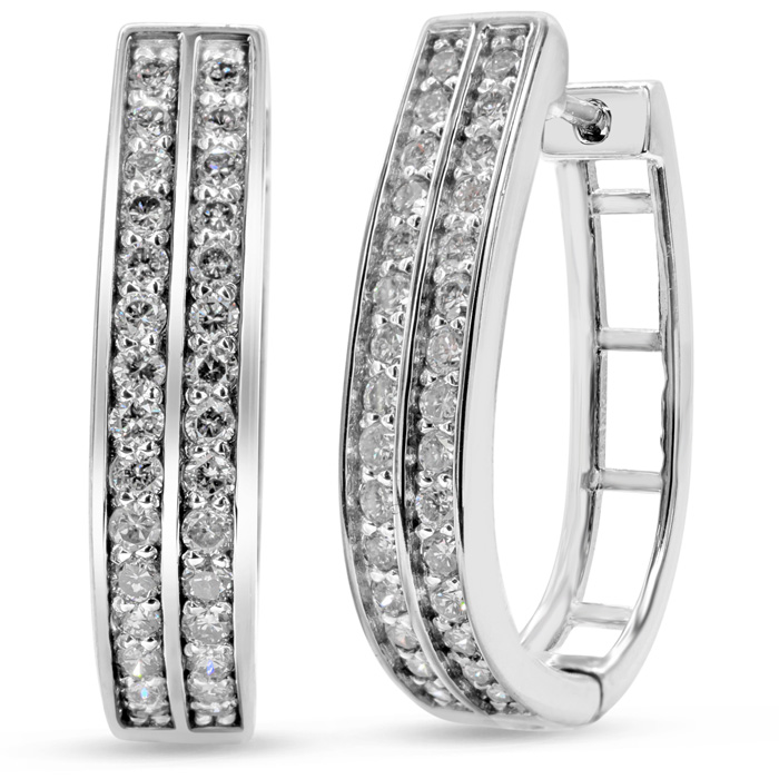 1ct Diamond Hoops feature a sleek design with two parallel rows of sparkling diamonds set in a polished metal frame, offering elegance and sophistication.