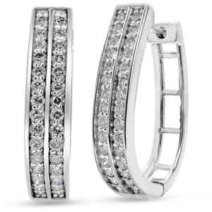1ct Diamond Hoops feature a sleek design with two parallel rows of sparkling diamonds set in a polished metal frame, offering elegance and sophistication.