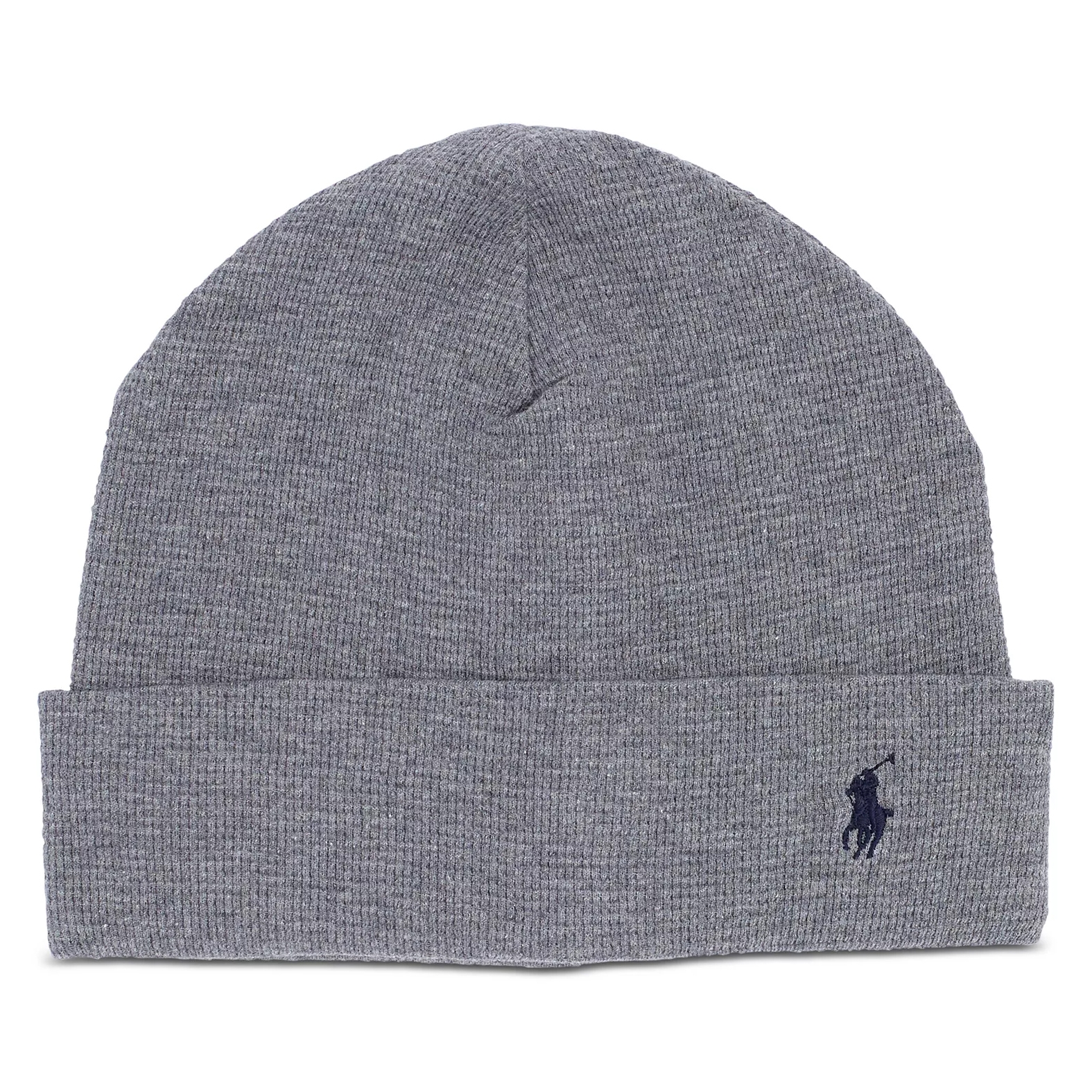 Gray knit beanie with a cuff, featuring a small embroidered logo of a horse and rider in dark blue.