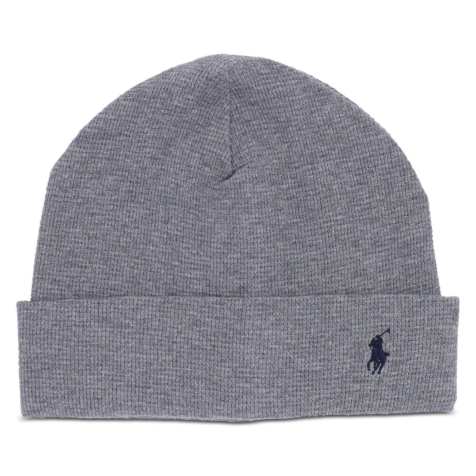 Gray knit beanie with a cuff, featuring a small embroidered logo of a horse and rider in dark blue.