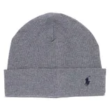 Gray knit beanie with a cuff, featuring a small embroidered logo of a horse and rider in dark blue.