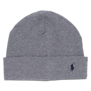 Gray knit beanie with a cuff, featuring a small embroidered logo of a horse and rider in dark blue.