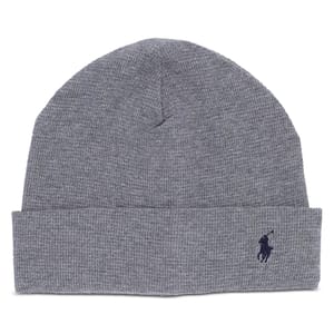Gray knit beanie with a cuff, featuring a small embroidered logo of a horse and rider in dark blue.