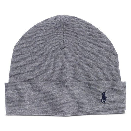 Gray knit beanie with a cuff, featuring a small embroidered logo of a horse and rider in dark blue.
