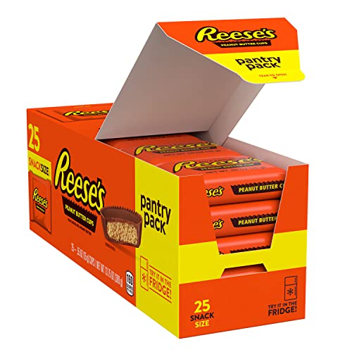 A box of Reese's Peanut Butter Cups featuring 25 snack-size pieces designed to be stored in the pantry or fridge.