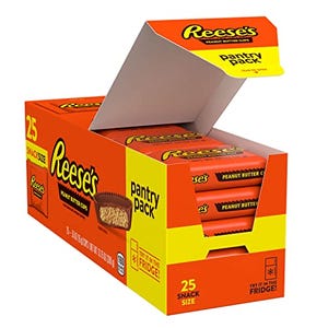A box of Reese's Peanut Butter Cups featuring 25 snack-size pieces designed to be stored in the pantry or fridge.