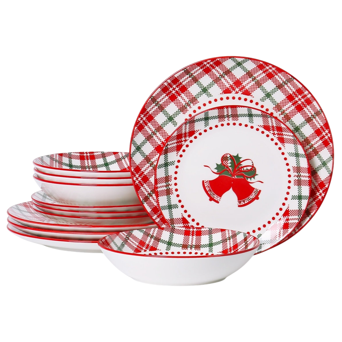 Festive dinnerware set featuring a red, green, and white plaid pattern with bell designs in the center. Includes plates and bowls, ideal for holiday dining.