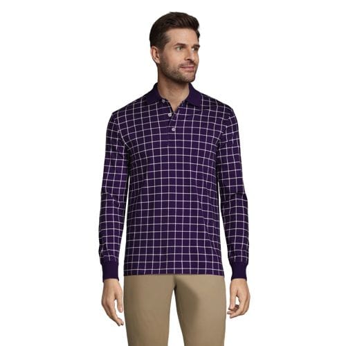 A man is wearing a long-sleeve jacquard polo with a purple and navy plaid pattern, a pointed collar, and a three-button placket.