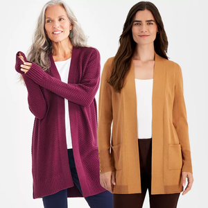 Two women modeling long-sleeve cardigans, one in burgundy and the other in mustard yellow, over casual outfits.