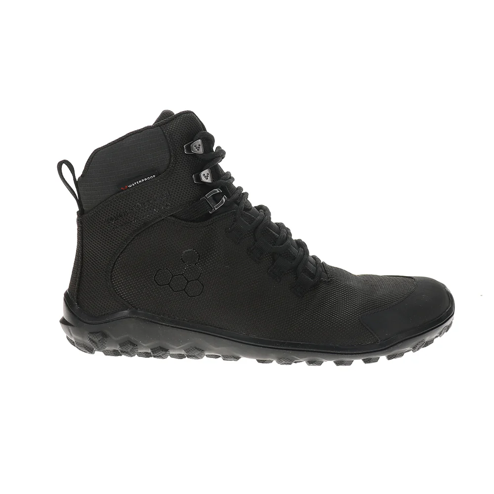 Black waterproof hiking boot with a hexagonal pattern on the side, featuring high ankle support, lace-up design, and rugged sole for traction.