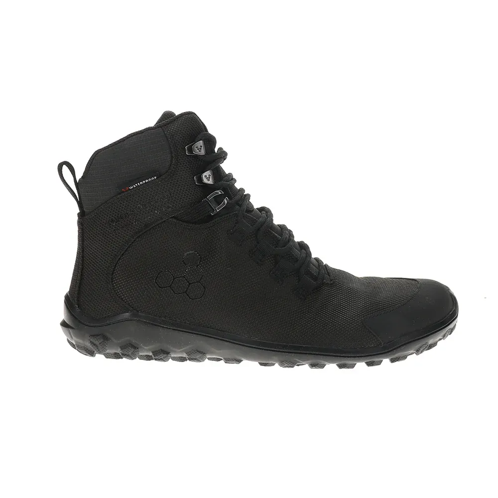 Black waterproof hiking boot with a hexagonal pattern on the side, featuring high ankle support, lace-up design, and rugged sole for traction.