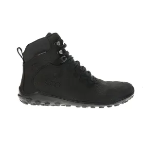 Black waterproof hiking boot with a hexagonal pattern on the side, featuring high ankle support, lace-up design, and rugged sole for traction.