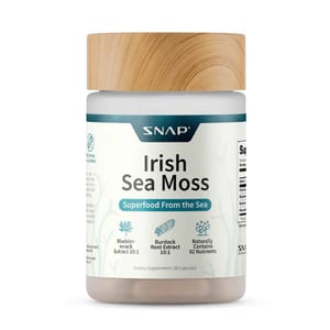 SNAP Irish Sea Moss is a dietary supplement with 60 capsules featuring Bladderwrack and Burdock Root extracts, claiming to naturally contain 92 nutrients. The label highlights it as a \“Superfood From the Sea.\“