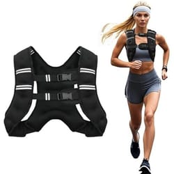 A woman is jogging while wearing a black weighted vest with reflective straps, shown next to a clear view of the vest.