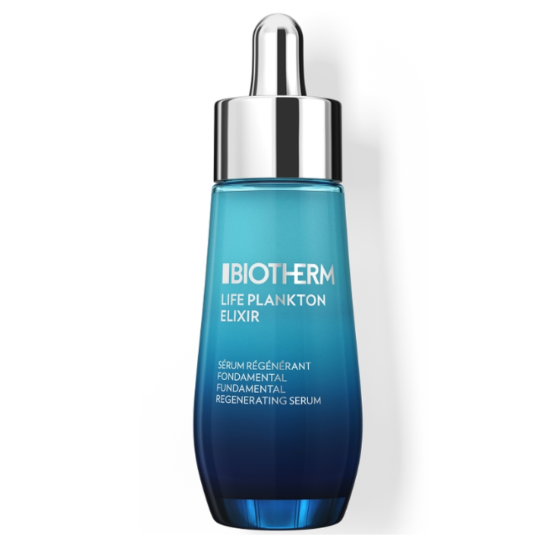 This is a blue bottle of Biotherm Life Plankton Elixir fundamental regenerating serum with a dropper cap.