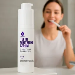 Pursonic Teeth Whitening Serum, V34 Color Corrector, designed to brighten and balance tooth color while neutralizing yellow and warm tones. In the background, a person is brushing their teeth.