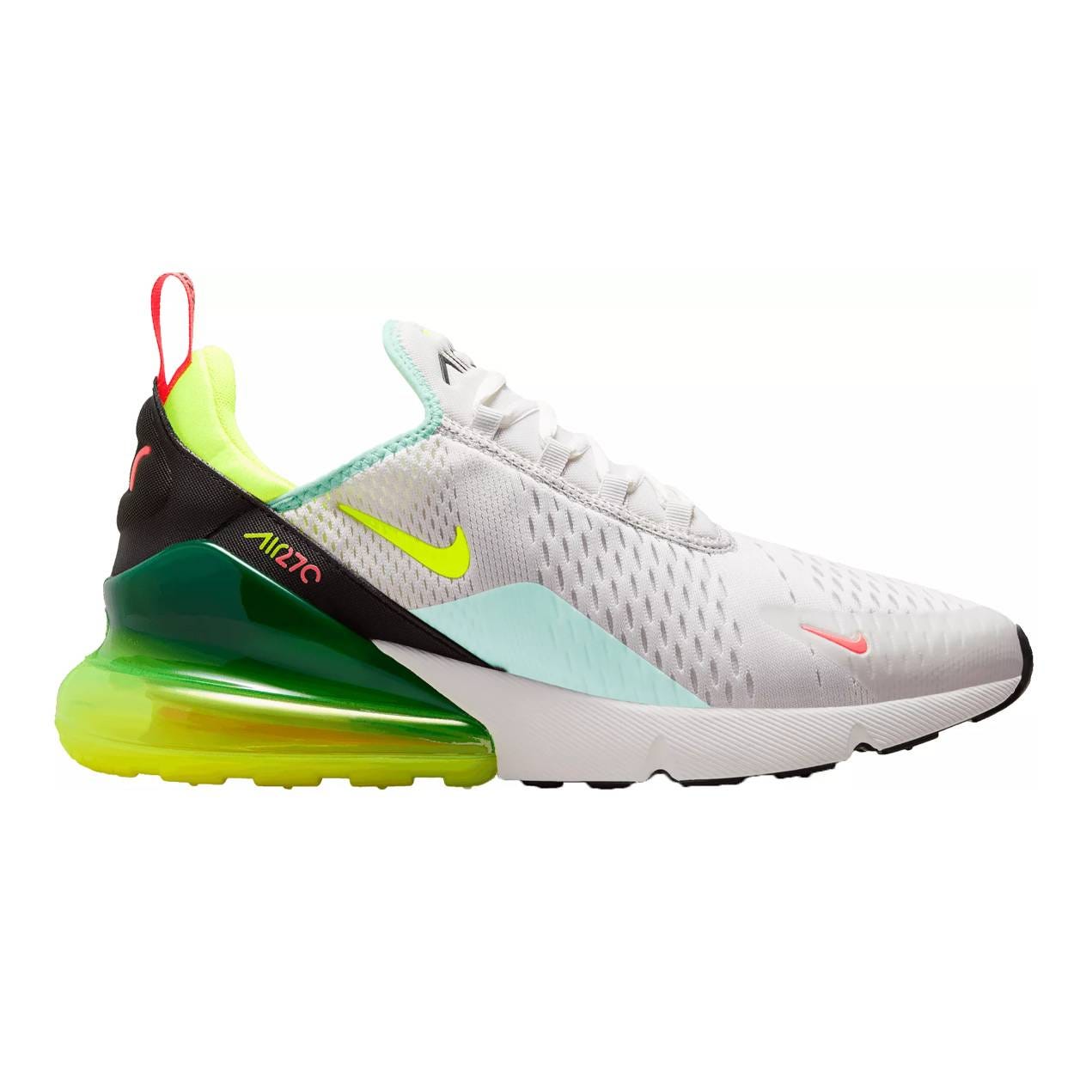 White Nike Air Max 270 sneaker with a white upper, a black heel counter, green air bubble at the sole, and neon accents.