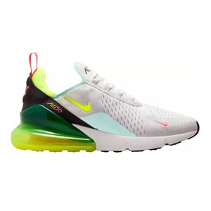 White Nike Air Max 270 sneaker with a white upper, a black heel counter, green air bubble at the sole, and neon accents.