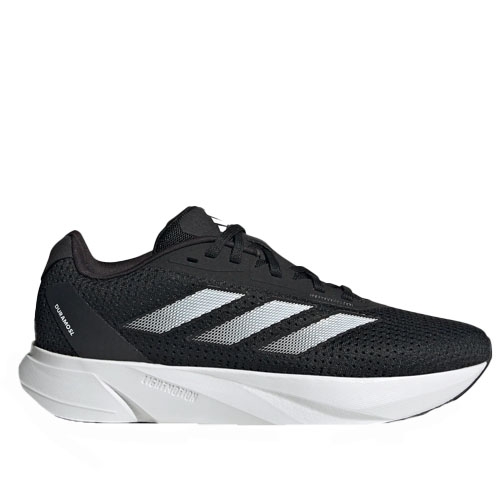 Black running shoes with three white stripes on the side, featuring a low-top design and a thick white sole for cushioning.